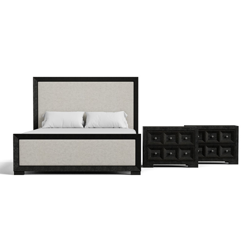 Ensemble de chambre à coucher 3 pièces Schell, Grand lit, Noir, Ensemble de 3 pièces : lit, 2 tables de chevet