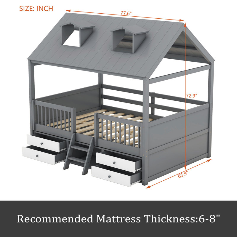 Wood Bed House Bed Frame, Gray, Full