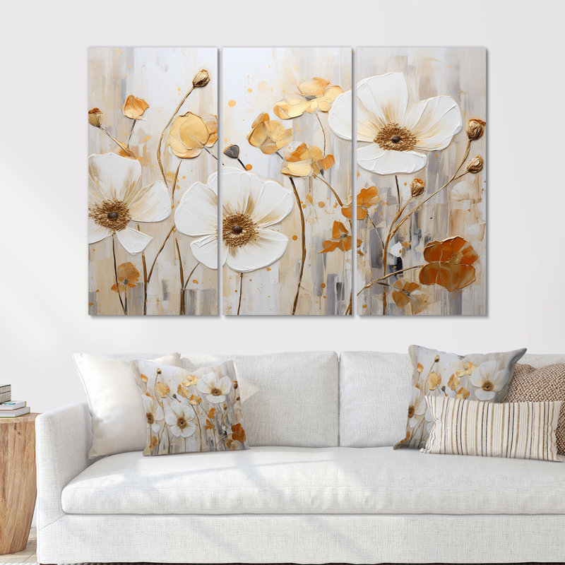 «Elegant Beige Gold Buttercups Meadow» - ensemble d'art mural Buttercups, Toile tendue, H 32 po x l 48 po x P 1 po