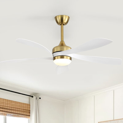 52" 5-ABS Blade Ceiling Fan With Led Light and Remote Control, DC, Silent, Forward and reverse(Gold&White)