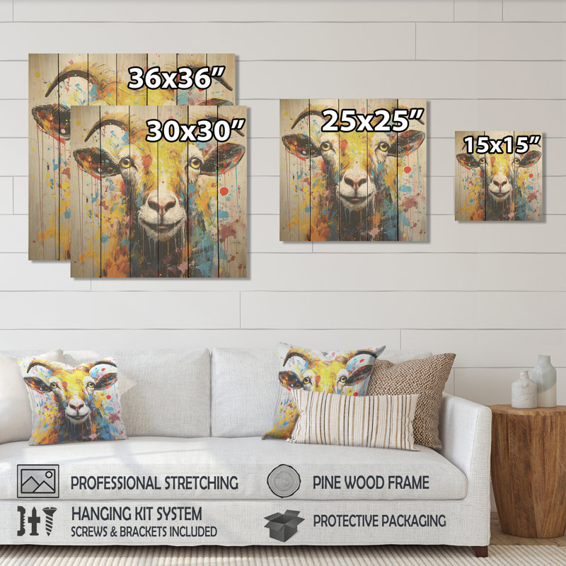 Portrait de chèvre jaune Pop Art - animal de chèvre sur bois, H 25 po x l 25 po