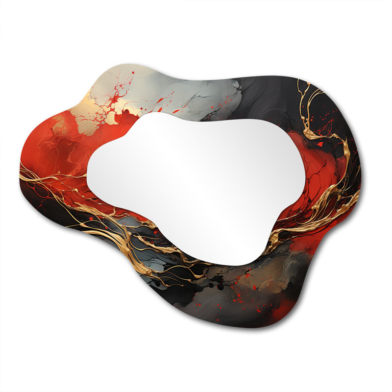 Red and gold marble fire III - Abstract Painting Cloud Large Mirror, Modern Asymmetrical Decorative Wall Mirror, Printed Metal Art