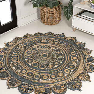 Skyller Flora Medallion Contemporary Bohemian Round Jute Blue/Natural Rug