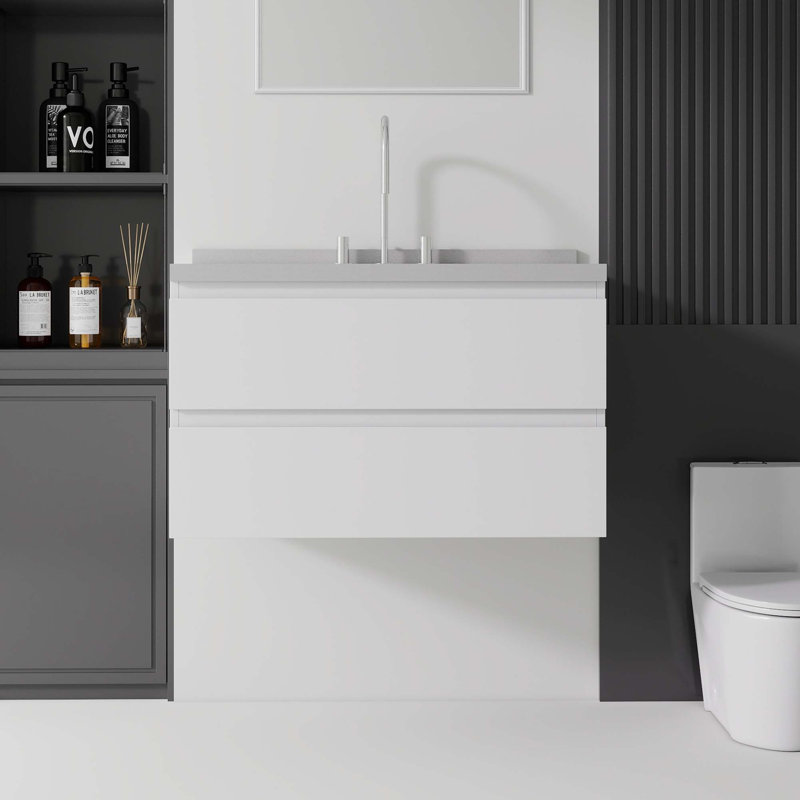 Meuble-lavabo flottant avec comptoir en marbre de culture et tiroir à fermeture en douceur, Blanc