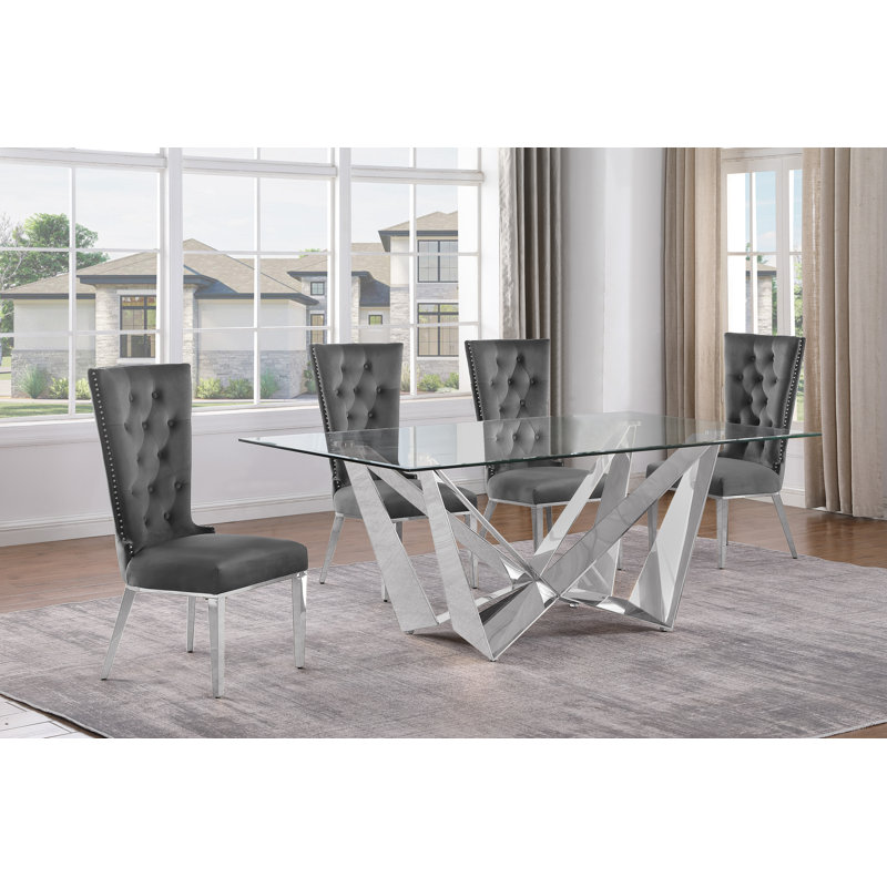 Lebanon Glass Top Trestle Dining Set, 5, Dark Gray/Silver