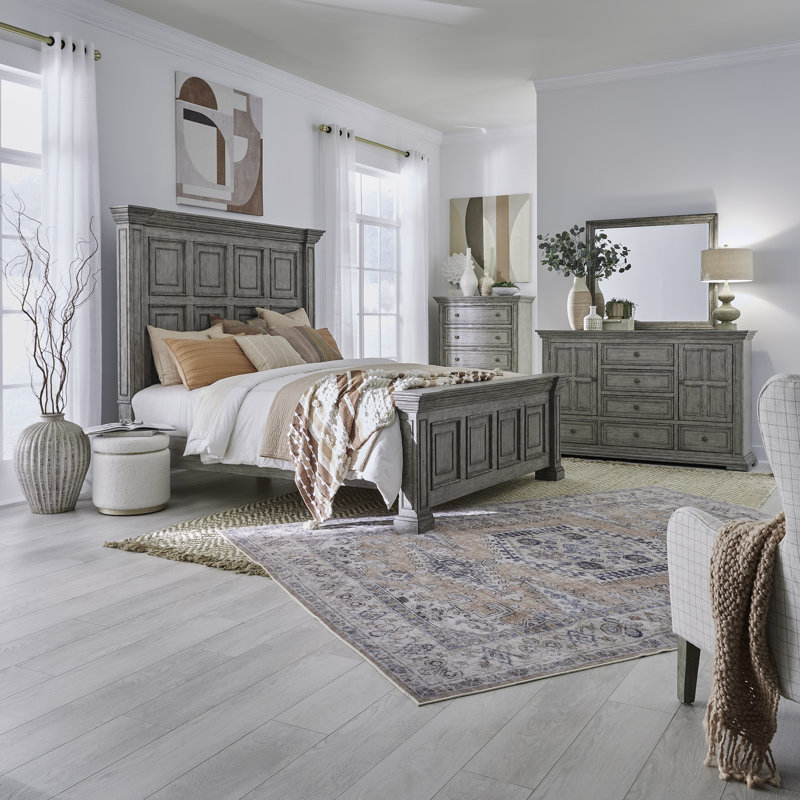 Ensemble de chambre à coucher avec lit à panneaux, commode et miroir Temple Cloud, Très grand lit, Brun