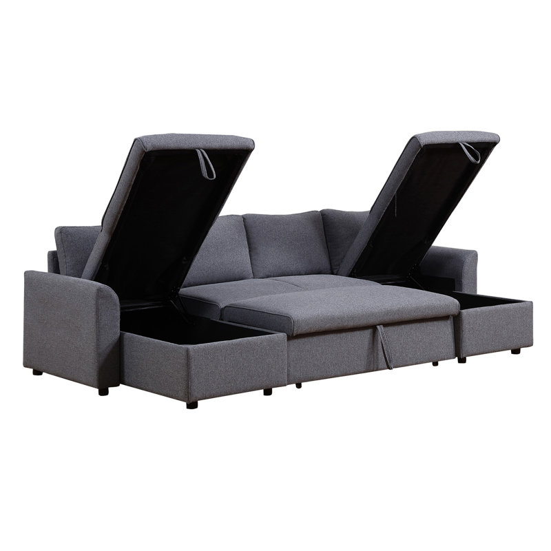 Konul  U-Shape Pull-out Sleeper Sectional Sofa with Double Storage Spaces, Dark Gray
