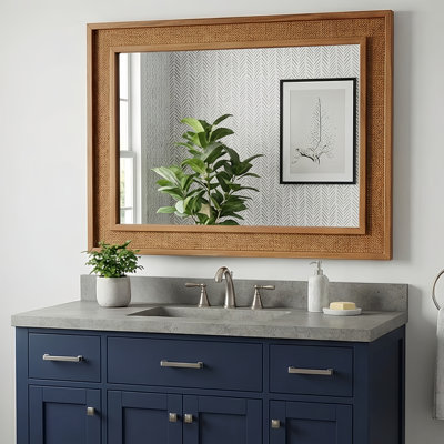 20" X 30" Rectangular Solid Wood And Rattan Wall Mirror - Natural Farmhouse Accent Decor