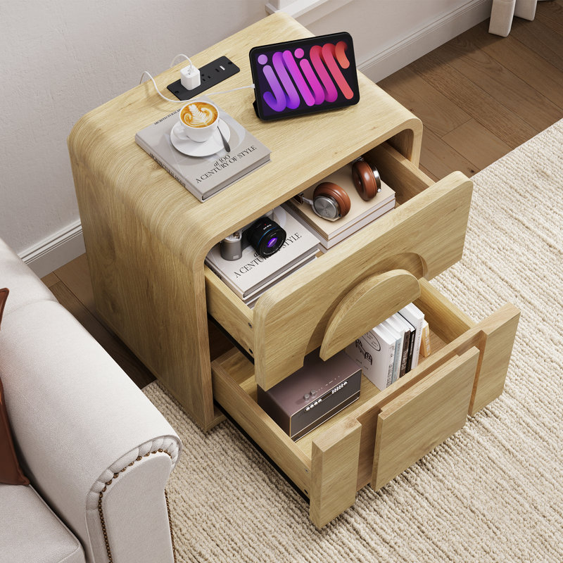 23.6''H Modern Arched Nightstand with 2 Storage Drawers & Charging Station ,20.5'' W Natural Oak Wood Bedside Table with Curved Design(Set of 2)