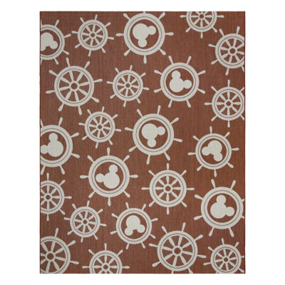 Disney Mickey Mouse Studio Steamboat Red Beige Nautical Tropical Polypropylene Flatweave Indoor/ Outdoor All Weather Area Rug