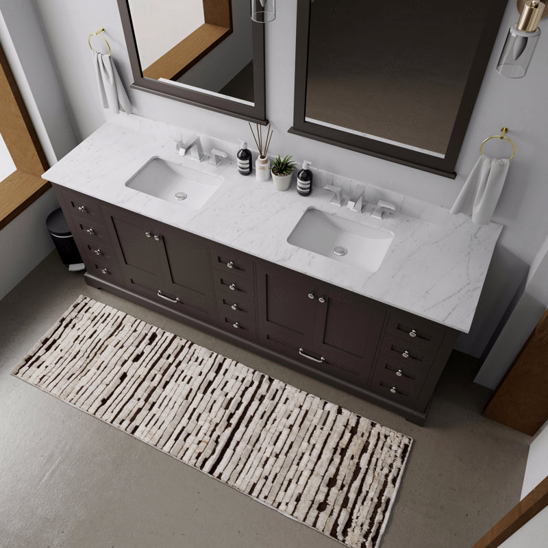 Meuble-lavabo double 84 po x 22 po, comptoir en marbre de Carrare, Espresso, Marbre de Carrare blanc
