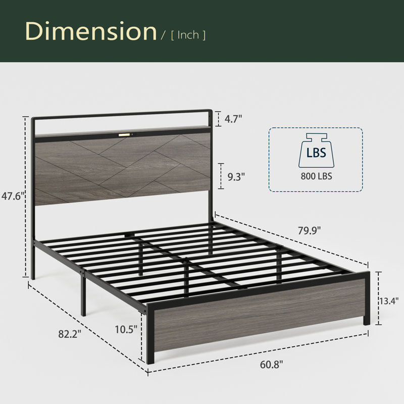 Structure de lit plateforme en bois avec tête de lit à DEL avec rangement et 2 ports USB, aucun bruit, aucun matelas à ressorts requis et outils d'assemblage simples, grand rangement sous le lit