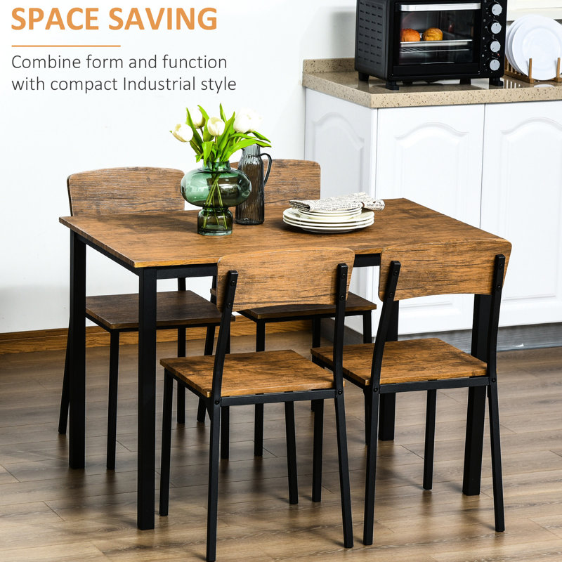 5 Piece Industrial Dining - Space Saving Rustic Brown Table And Chairs For 4 People Rectangular Included Brown, Saving,