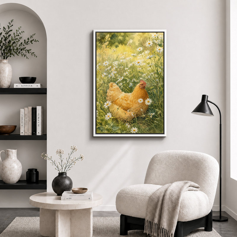 «Golden Hen in Sunlit Daisy Meadow», art de cuisine, impression sur toile encadrée, H 24 po x l 16 po x P 1,5 po, Cadre blanc