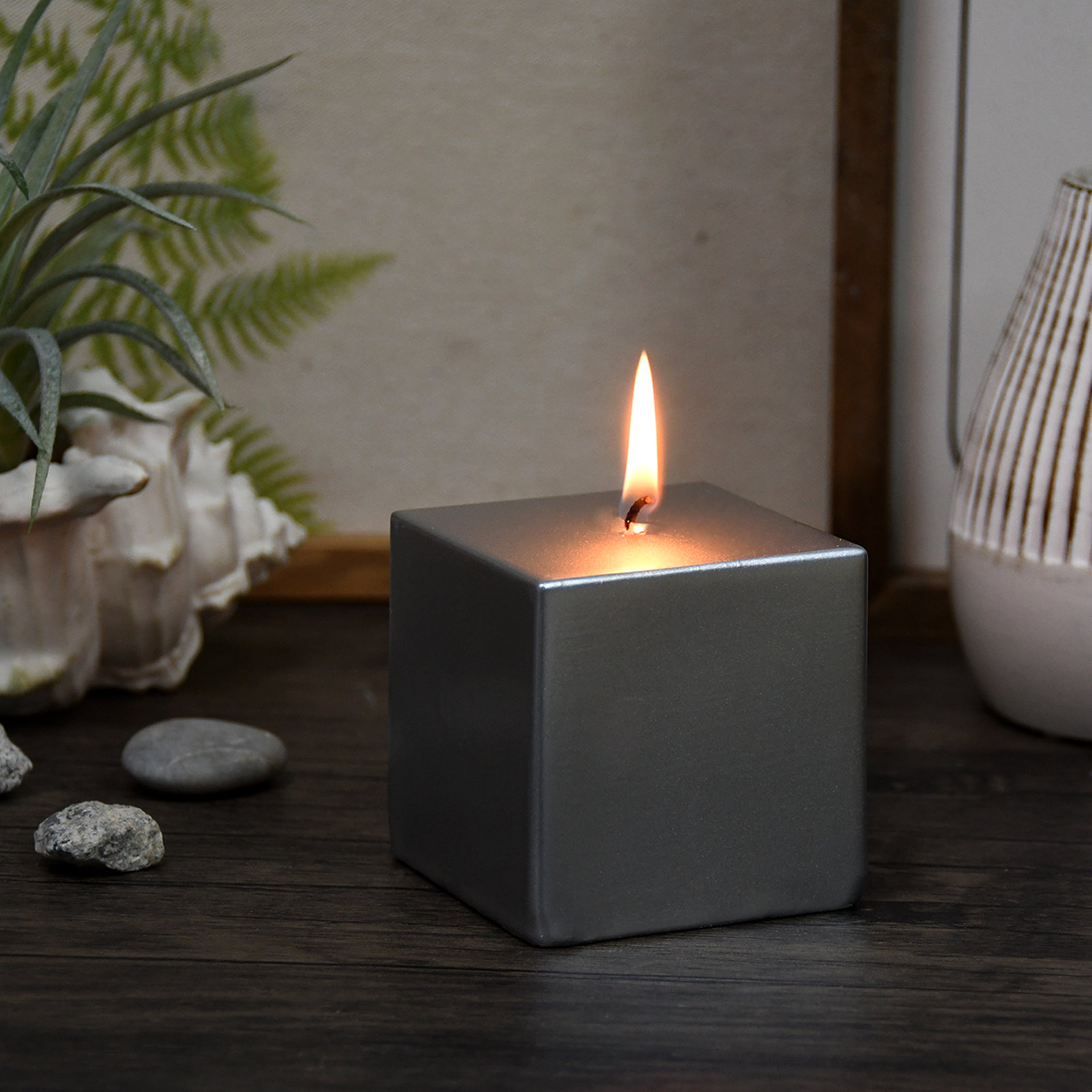 Square Pillar Candle, 3" H x 3" W x 3" D, Metallic Silver, 1 Candle