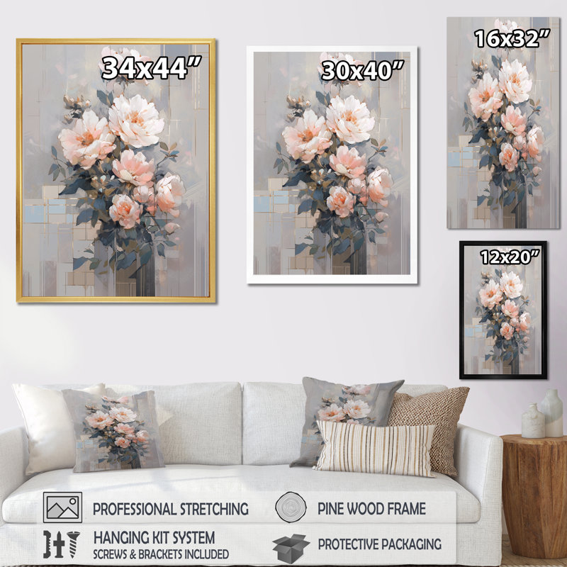 Sérénade rose de pivoines sur toile, Cadre photo blanc, H 32 po x l 16 po x P 1 po