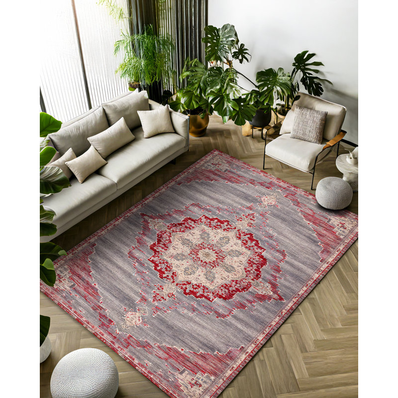 Marisol Burgundy Beige Gray Oriental Machine Printed Cotton Polyester Area Rug, Round 4'