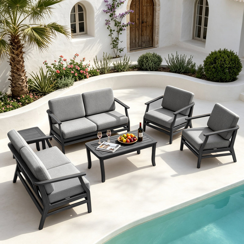 Ensemble de patio extérieur en teck pour six personnes avec coussins et deux tables Polett, Gris, Noir