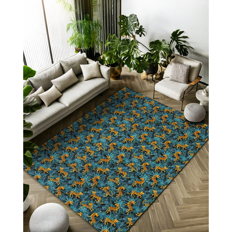 Florest Collection Digital Print Cotton-Polyester Blue Floral Leopar Animal Print Rug, Rectangle 3'4" x 5'