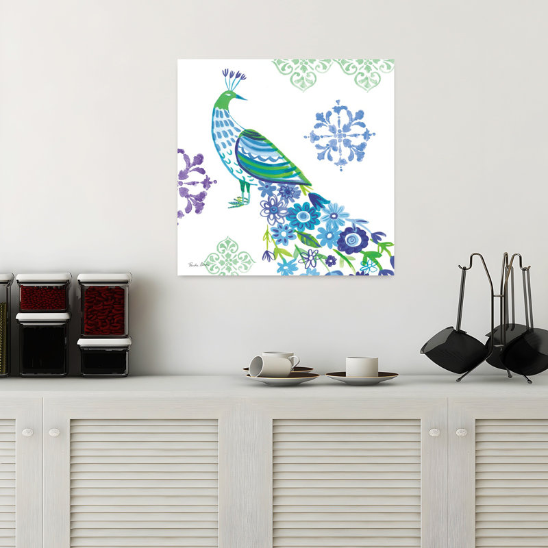 Jewel Peacocks IV, oiseau, fleur tropicale, art, 18" H x 18" W