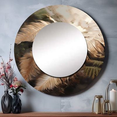 Patarica brun fougère Reverie I - miroir unique de fougères, grand miroir mural rond moderne, impression d'art en métal