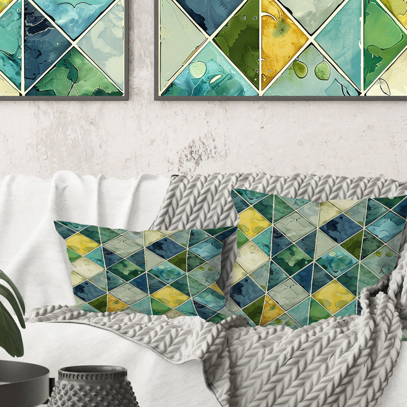 Coussin bleu et vert Modern Geo III, H 18 po x l 18 po