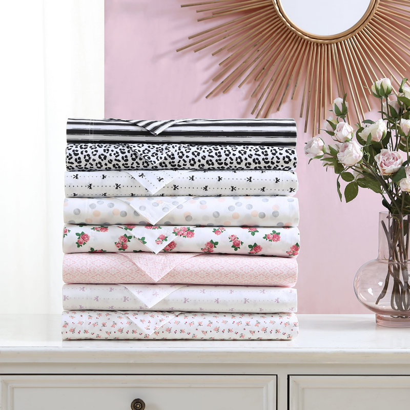 Betsey Johnson Printed Cotton Percale Cotton Sheet Sets, Queen Sheet Set + Fitted Sheet + 2 Pillowcases, Baby Buds Pink
