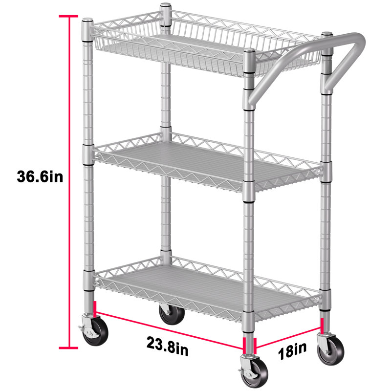 Commercial 3-Tier Utility Cart with Adjustable Shelves & Locking Wheels, Silver