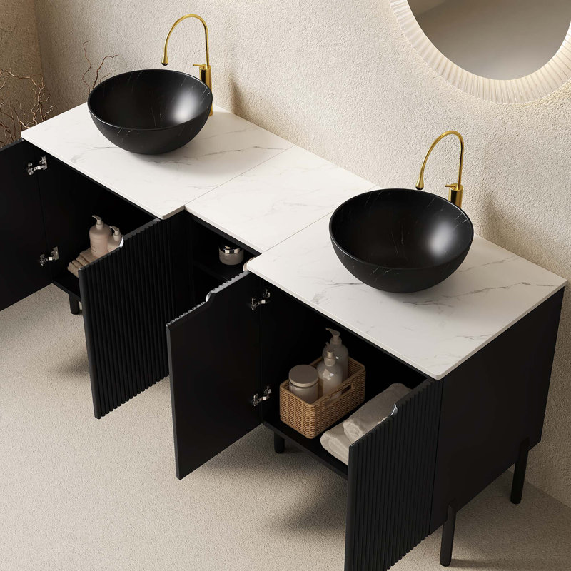 Freestanding Double Bathroom Vanity with Stone Pattern Basins and Ample Storage