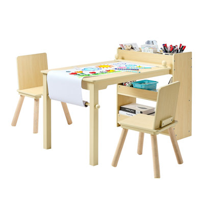 Ensemble de table et de chaises pour enfants, table de bricolage pour tout-petits avec armoire de rangement à 3 niveaux, bureau de jeu en bois pour enfants avec 2 chaises, bureau de bricolage pour lire, apprendre, dessiner, écrire, bois clair