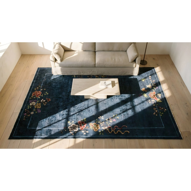 Navy Blue Color Field Antique Floral Pattern Chinese Deco Rug