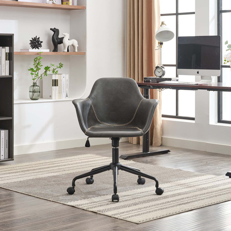 Chaise de bureau Mid-Century avec siège rembourré et siège rembourré pivotant en cuir, Noir