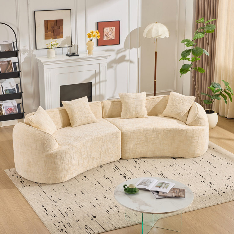 Canapé d'intérieur pour la maison, canapé courbé avec quatre coussins, Beige Fabric, Beige