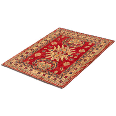 Tapis unique en laine noué à la main 4 pi 1 po x 5 pi 2 po nouvel âge Airin - rouge / beige / bleu
