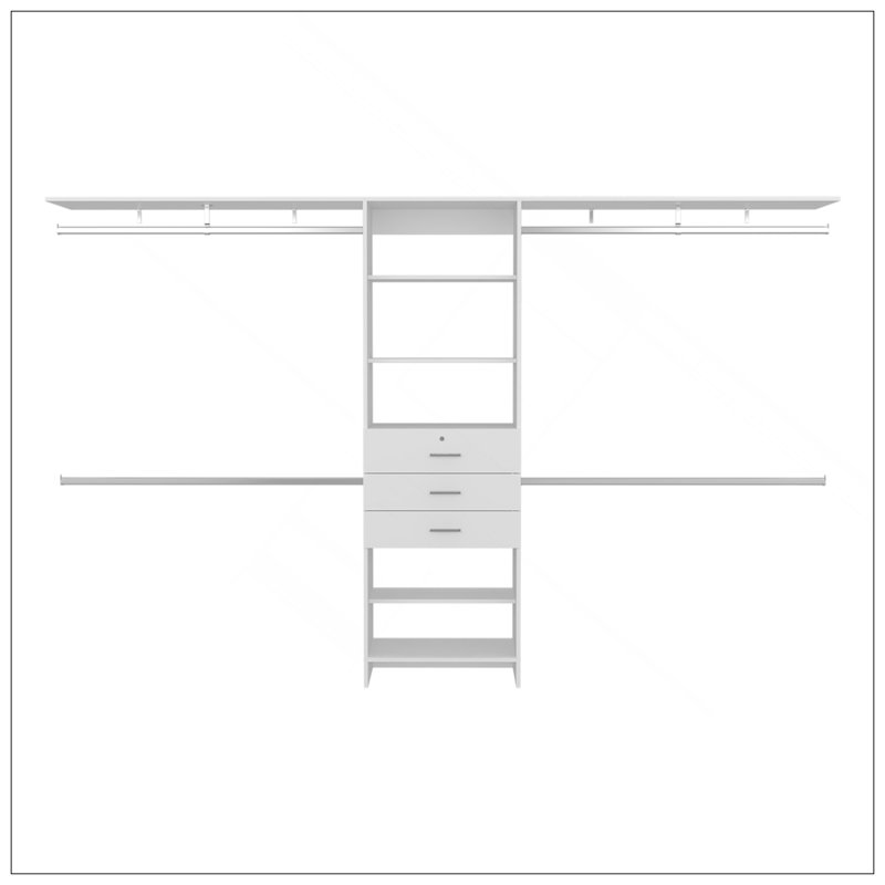 Système de placard à tiroirs l 69 po à l 118 po, cinq tablettes, quatre tringles de suspension, trois tiroirs blanc, Blanc