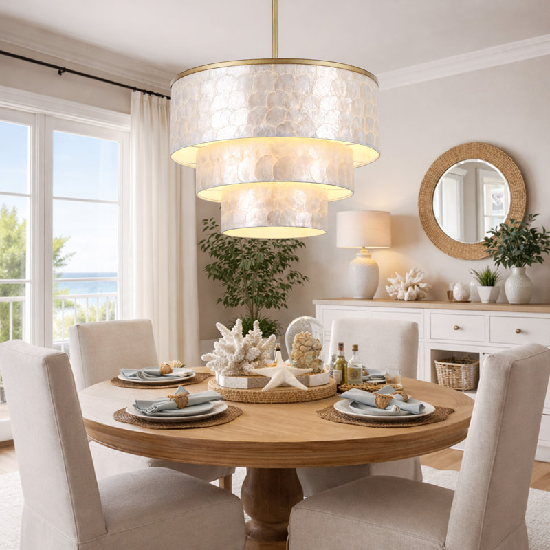 22" 5-Light Tiered Capiz Shell Drum Chandelier, H 16 po x l 22 po x P 22 po, 2 niveaux