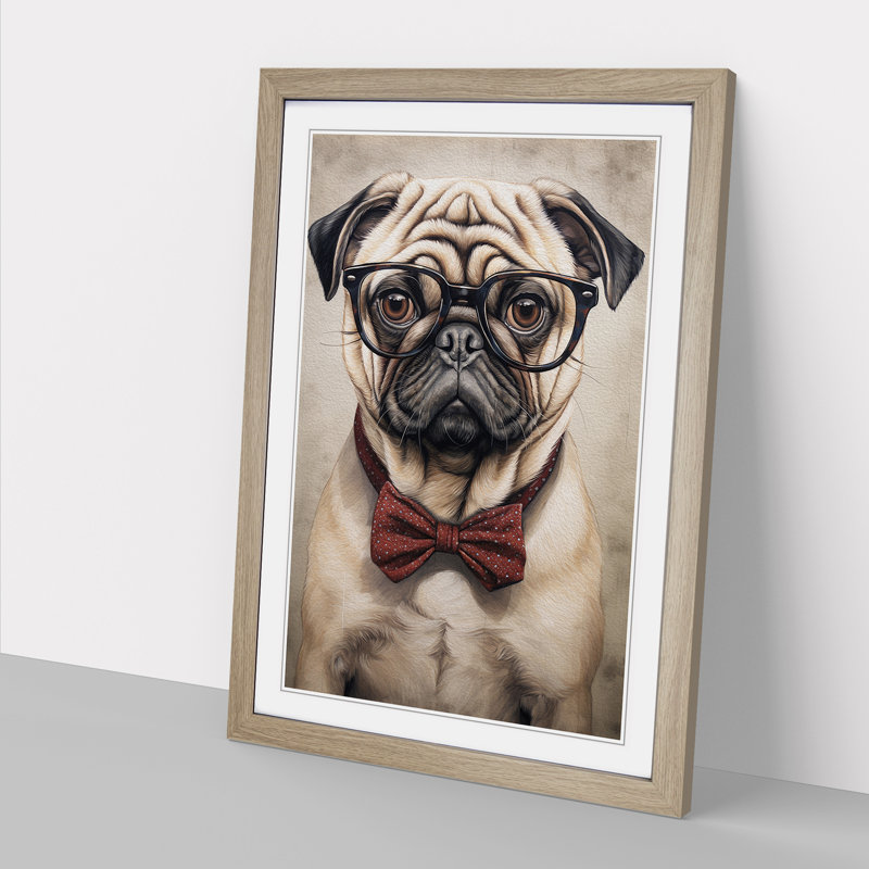 Pug With Glasses - Single Picture Frame Print on Wood, Oak, 34cm H x 25cm W x 2cm D