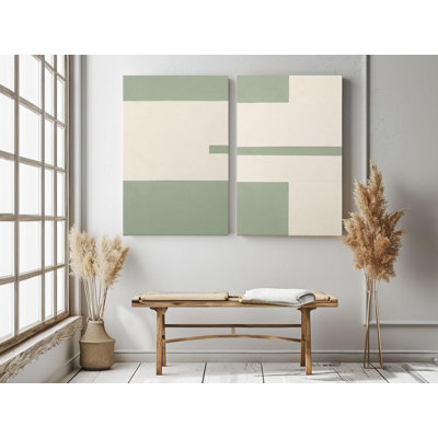 Reproduction d'art abstrait géométrique vert sauge sur toile, art mural moderne 2 pièces, décor de salon neutre minimaliste - ensemble de Mid-Century aux tons de terre, reproduction de peinture