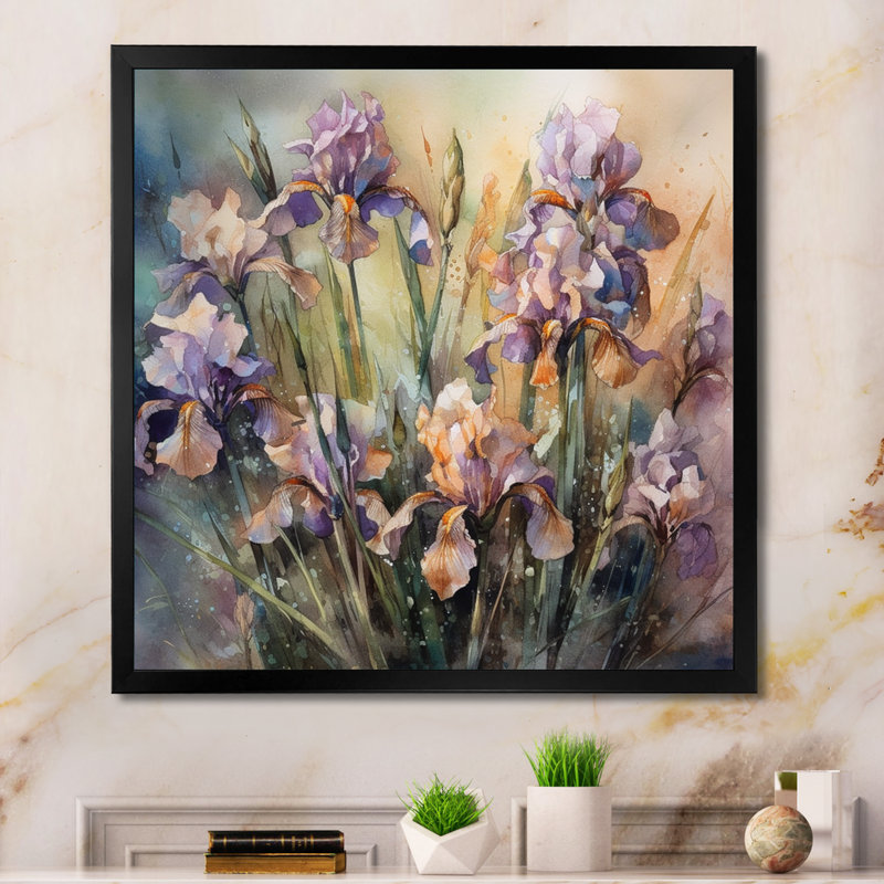 Art mural mauve vert sauvage Iri S II - Iris, Cadre simple noir, H 24 po x l 24 po x P 1 po