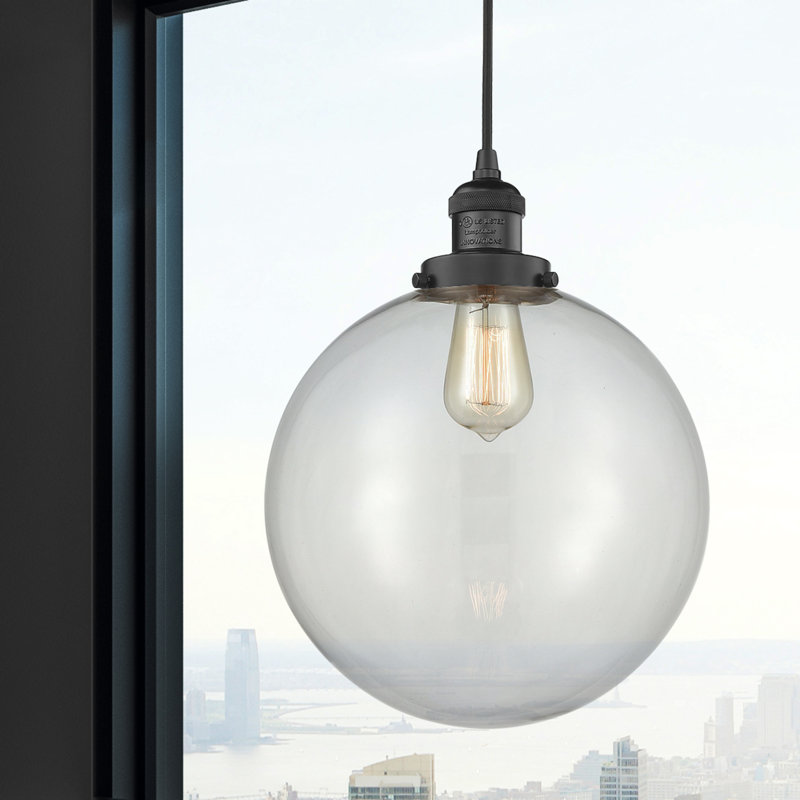 Luminaire sphère suspendu 1 lumières simple Lorene, DEL, Transparent, Noir mat