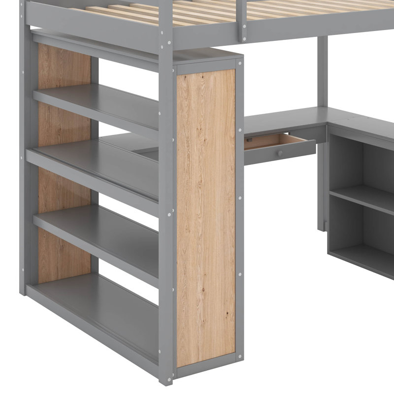 Lit mezzanine double avec tablettes et bureau, Gris