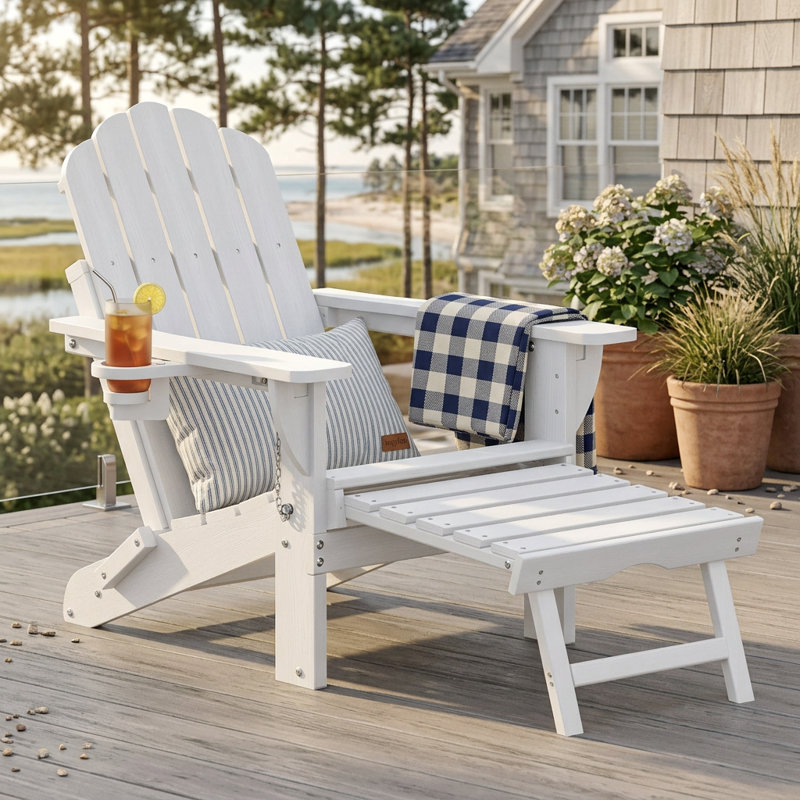 HDPE Foldable Adirondack Rocking Chairs with Retractable Ottoman, White