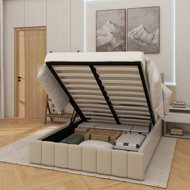 Upholstered Linen Standard Bed, Full, Beige