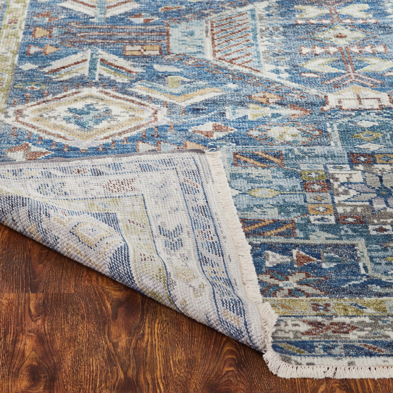 Omaque Wool Southwestern Area Rug, Blue, Rectangle 6' x 9'