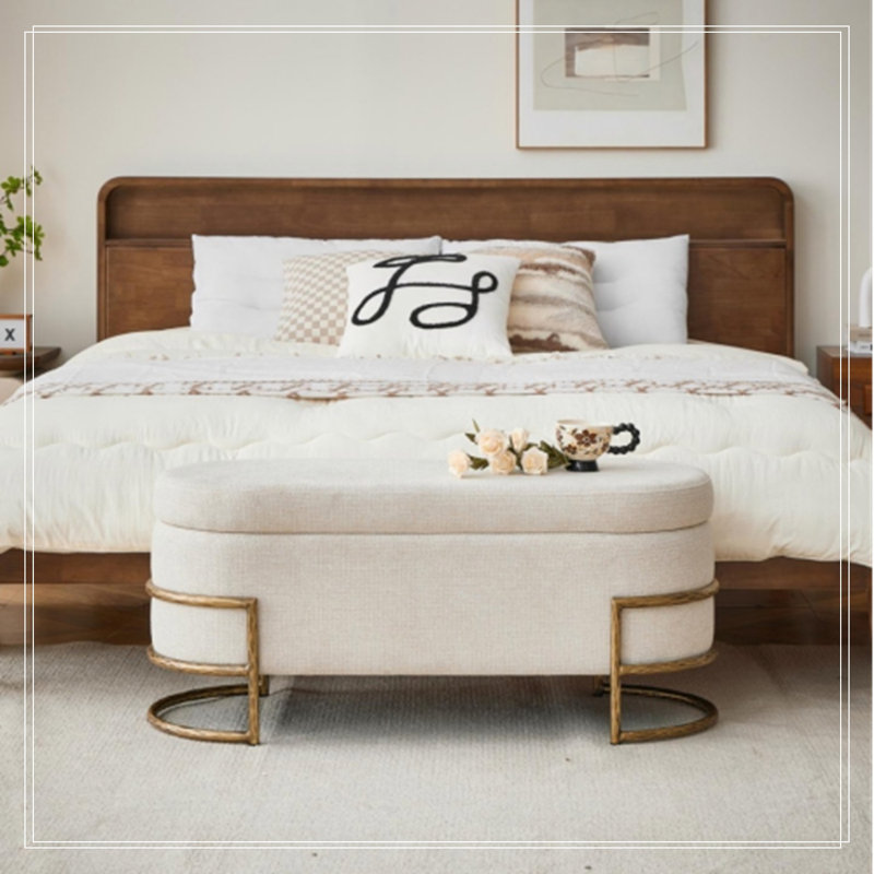 Banc de rangement ovale capitonné à couvercle rabattable avec pattes en métal, Beige