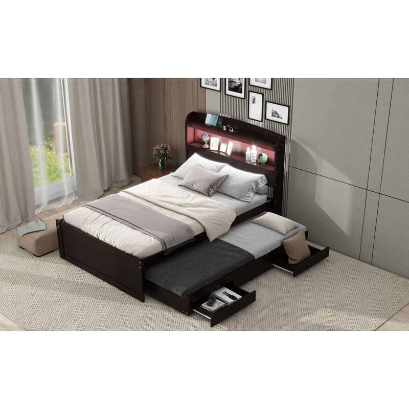 Twin Xl Platform Bed With Storage, 2 Drawers & Size Trundle, Dark Brown Led Headboard Charging, Drawers, Hue, Dark Brown
