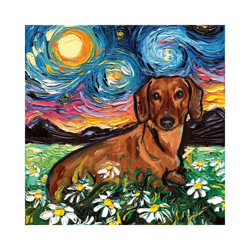 Daisy Dachshund Night by Aja Trier - Painting on Canvas, Wrapped Canvas, 45.72 cm H x 45.72 cm W x 1.91 cm D