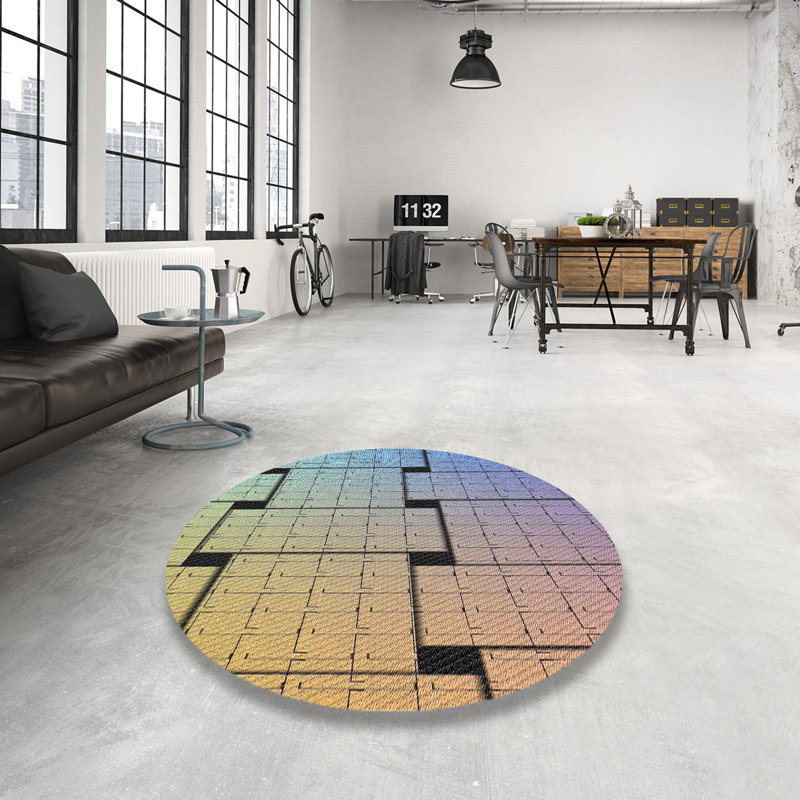 Tapis bleu à motif géométrique Aprin, Rond 7 pi