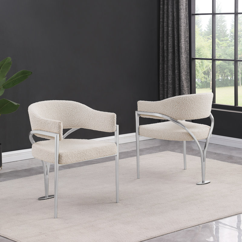 Chaises d'appoint en tissu Tripod Boucle avec structure en chrome brossé, Crème, Nickel brossé