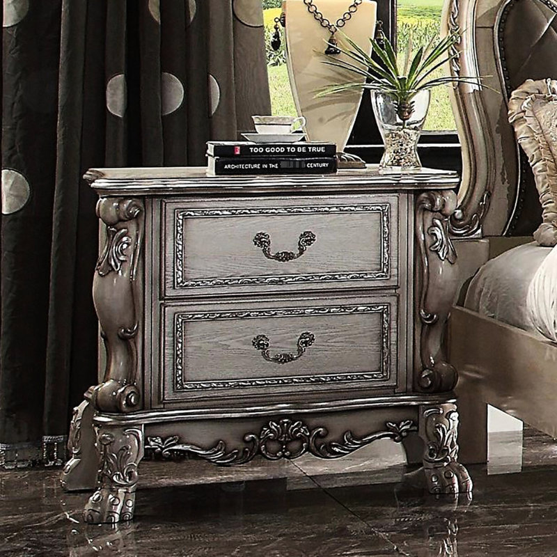Table de chevet de chambre à coucher de style rétro - 2 tiroirs, en bois massif avec tiroir spacieux de conception blanche